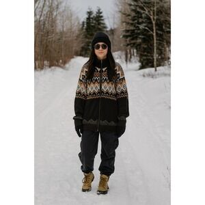 LOFT Chunky Winter Gorpcore Cozy Fair Isle HalfZip Black Tan M Pullover Sweater